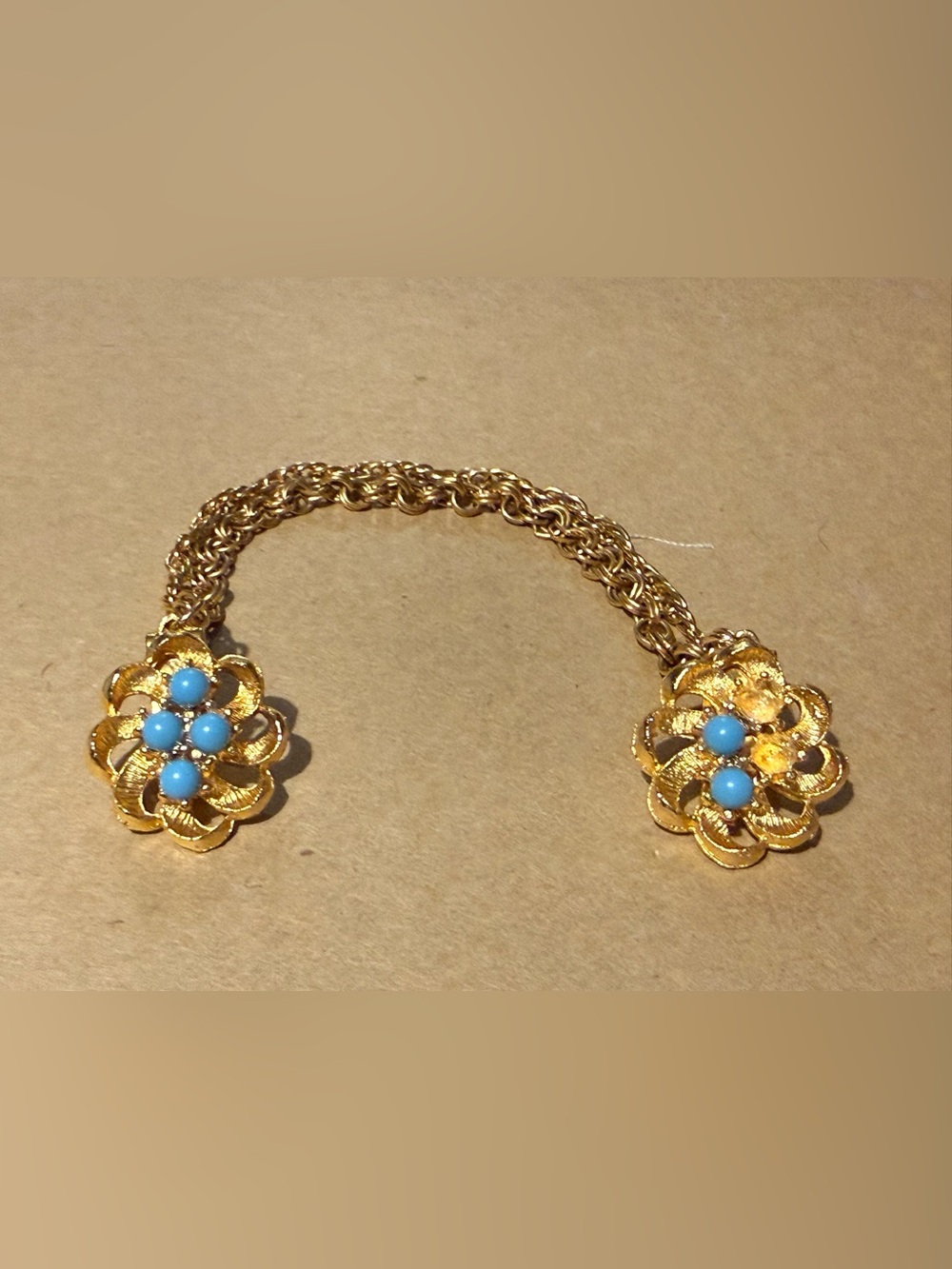 Vintage Gold-Tone Flower Sweater Clips Faux Turquoise Beads